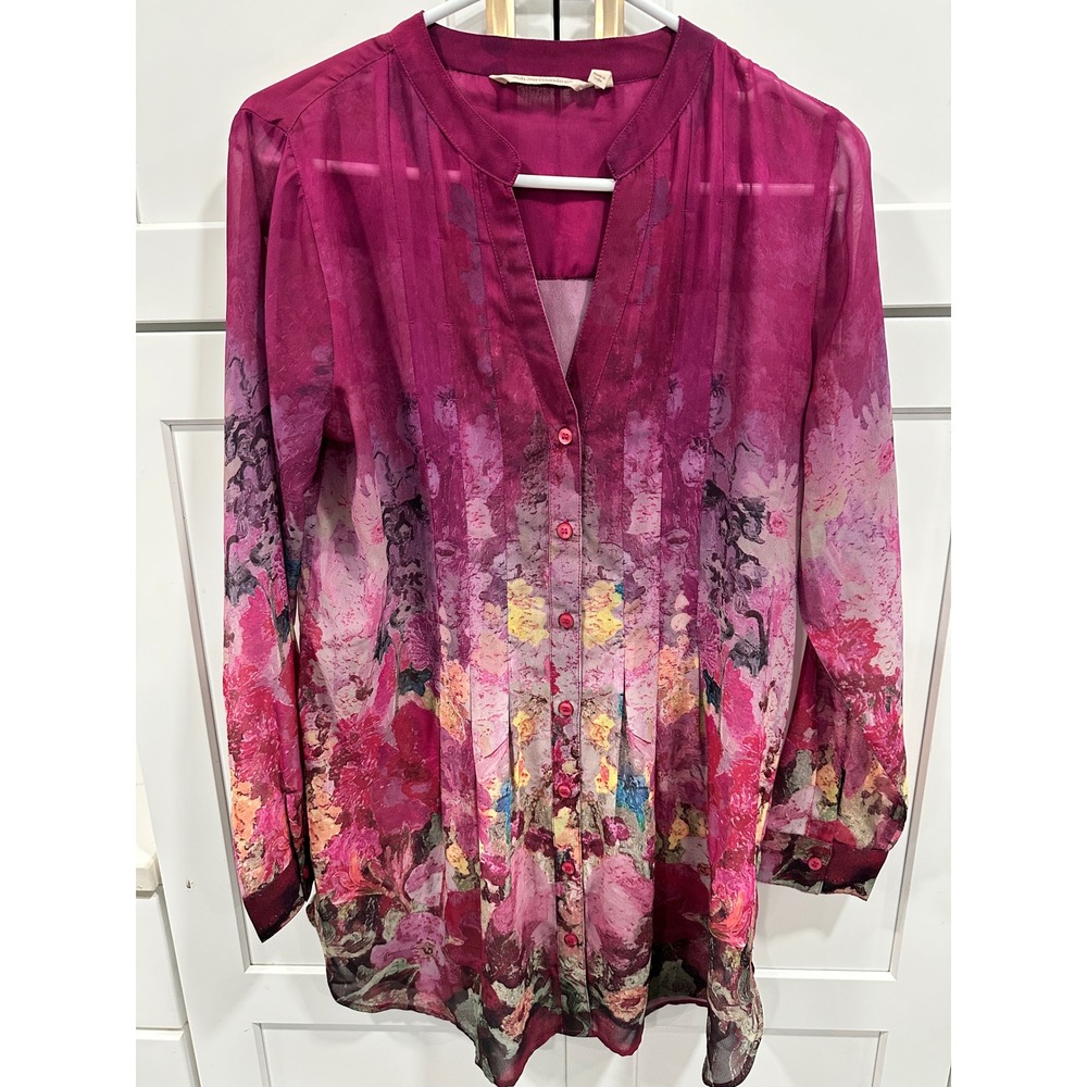 Soft Surroundings Floral‎ Blouse Pleated Button Down Tunic Top Magenta S